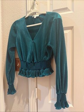 She and Sky Teal Pleated Smocked Peplum Long-Sleeve Top